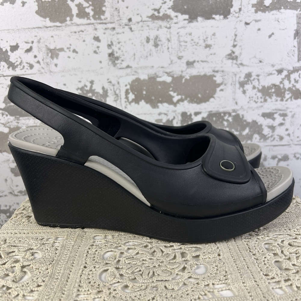 Crocs Havana Sz 10 Black Slingback Platform 3.5 Inch Wedge Heel Peep Toe Sandal